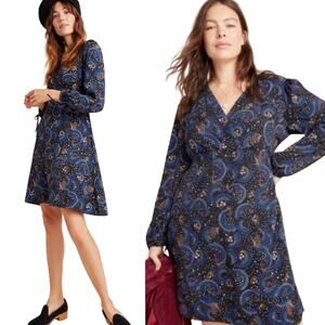 Anthropologie Maeve Gianna Mini Dress Faux Wrap Star Print Long Sleeve Black 16W